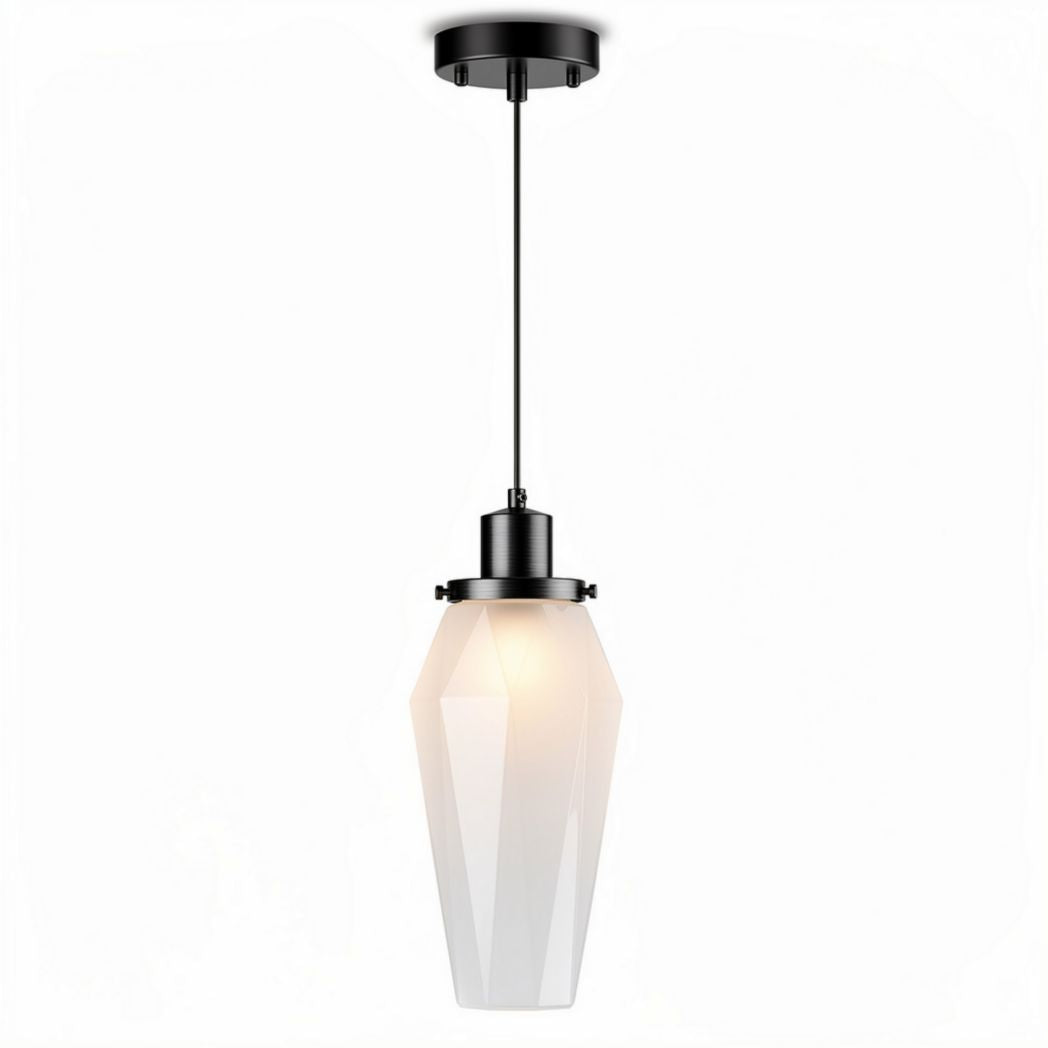 Hanglamp van wit glas met geometrisch ontwerp en zwart metalen bevestiging 15 x 15 x 30cm