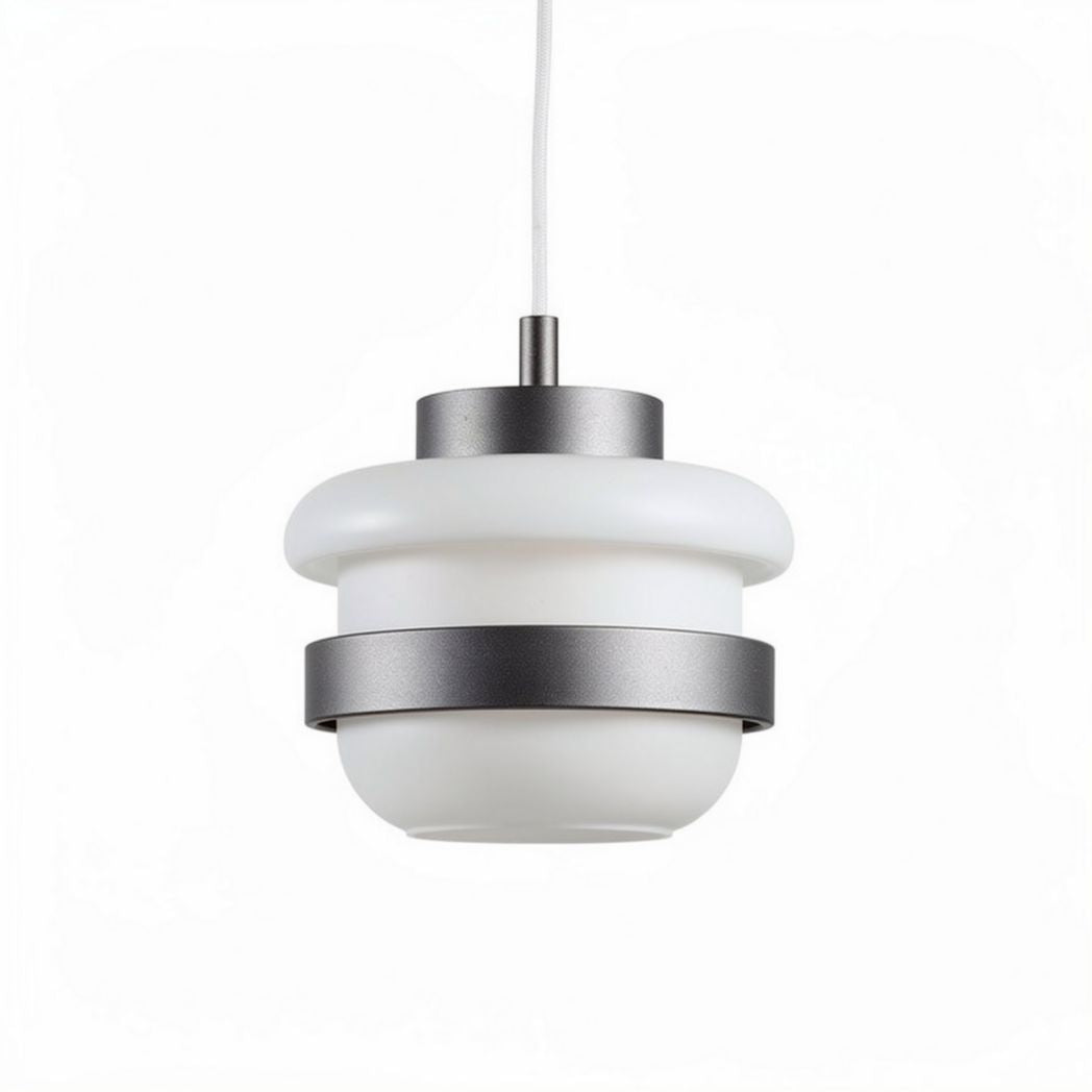Hangerlamp van wit plastic met metalen ring en afmetingen 20 x 20 x 25cm