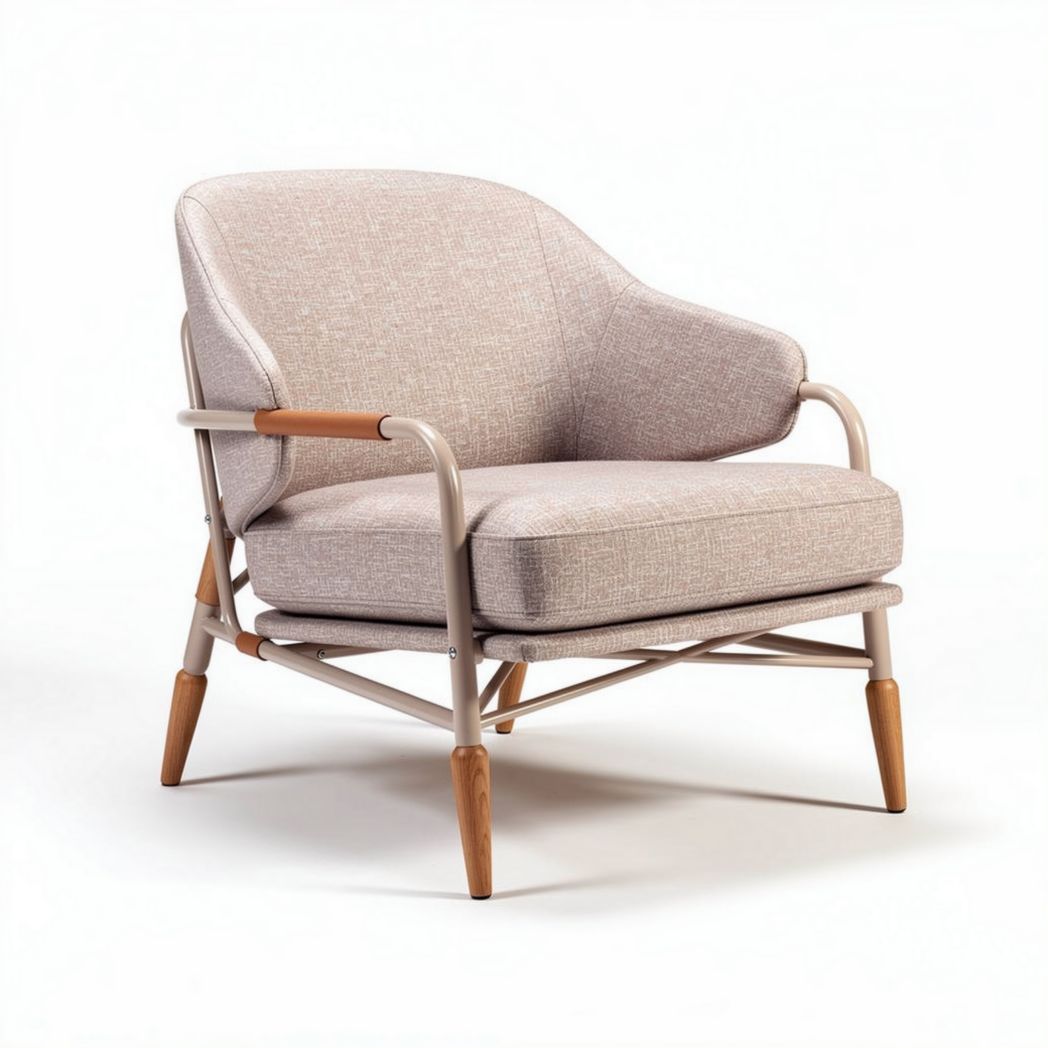 Lichtgrijze fauteuil met houten armleuning en metalen frame 80 x 75 x 85cm