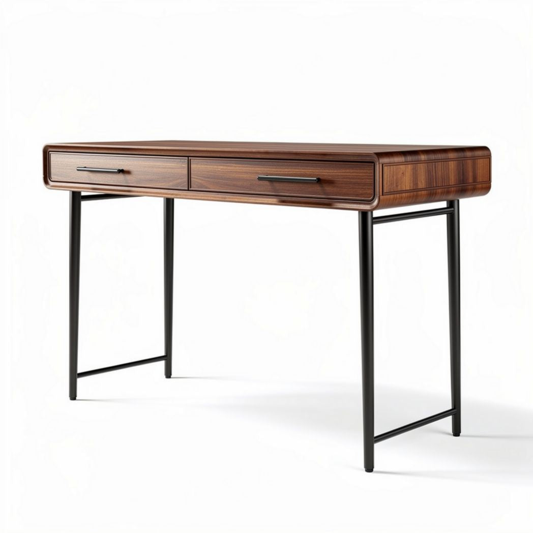 Houten bureau met metaal onderstel en twee lades 120 x 60 x 75cm