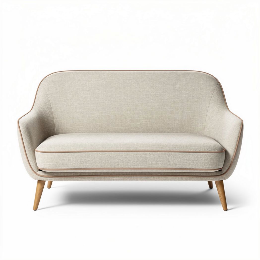 Sofa in beige stof met houtkleurige poten afmetingen 150 x 70 x 85cm