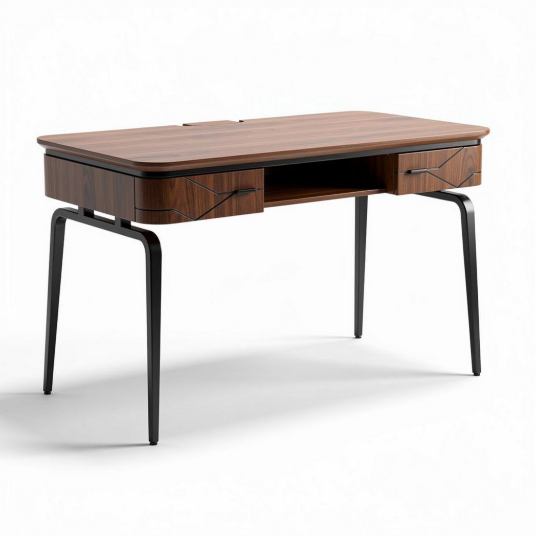 Houten bureau met lades en zwart metalen poten 120 x 60 x 75cm